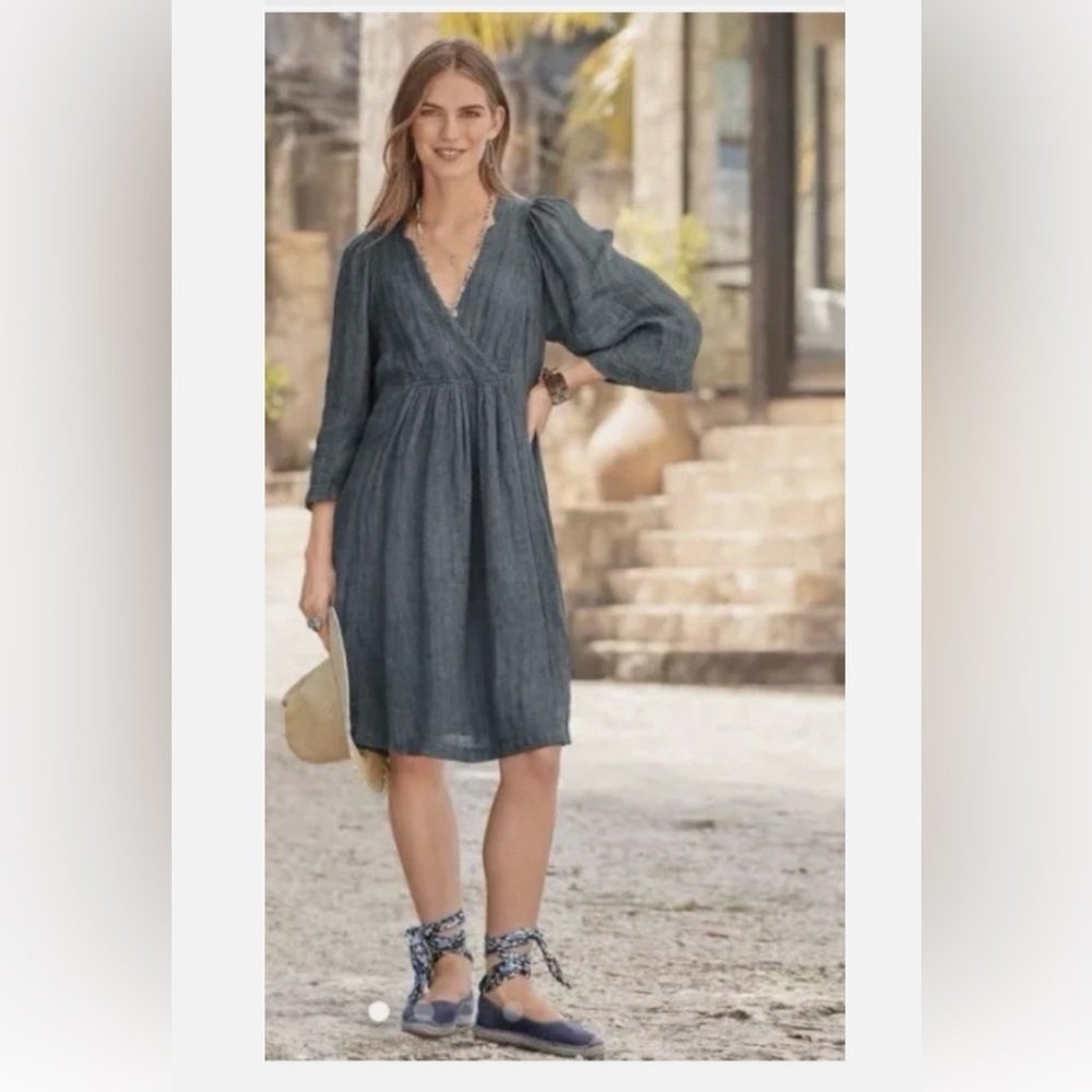 Sundance La Lune Charcoal Gray Linen Dress Womens S Midi V Neck Puff Sleeve Boho